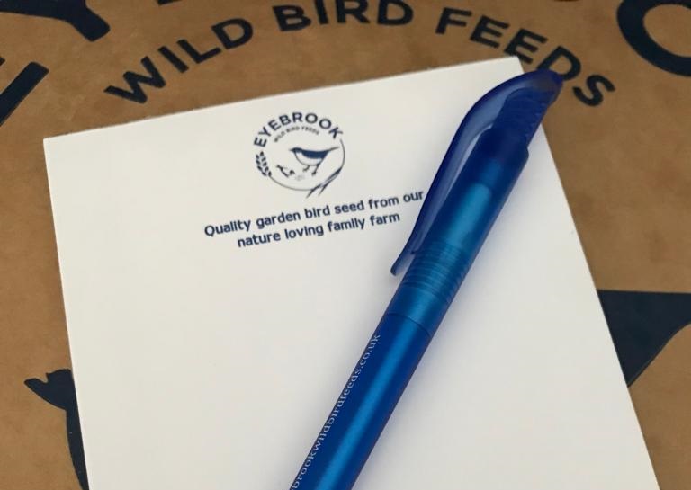 Eyebrook Wild Bird Feed Goodies, a pen, a notepad or a branded bag