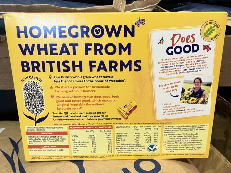 Weetabix box homegrown wheat from British farms featuring Farmer Fay