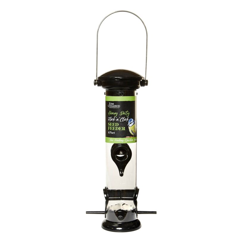 Tom Chambers Heavy Duty Flick and Click Seed Feeder, easy to fill and use.